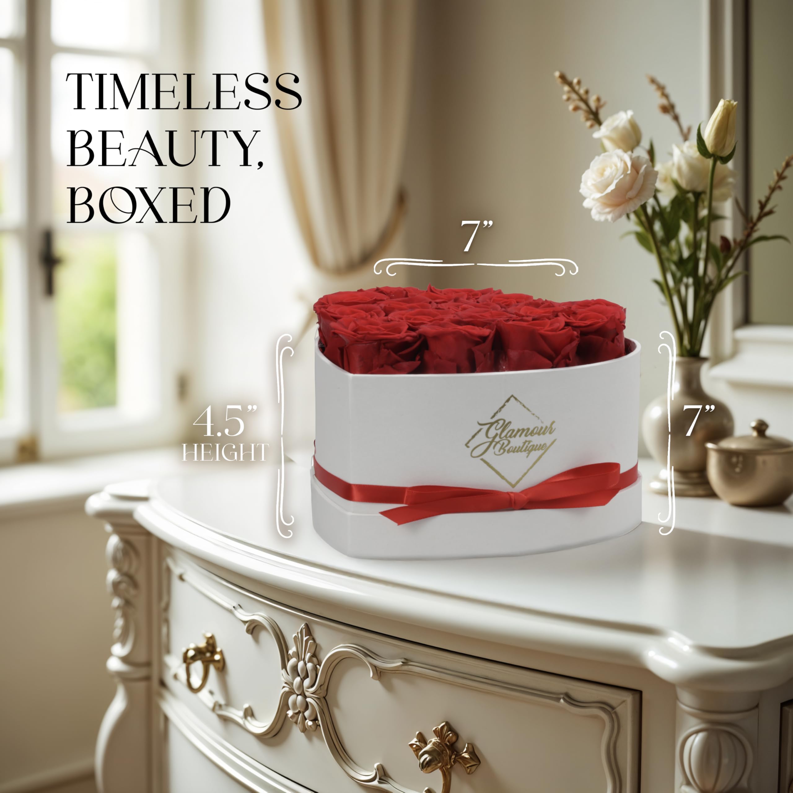 GLAMOUR BOUTIQUE preserved roses box red-16 detail-plaques, refined finish adds luxury to any room.