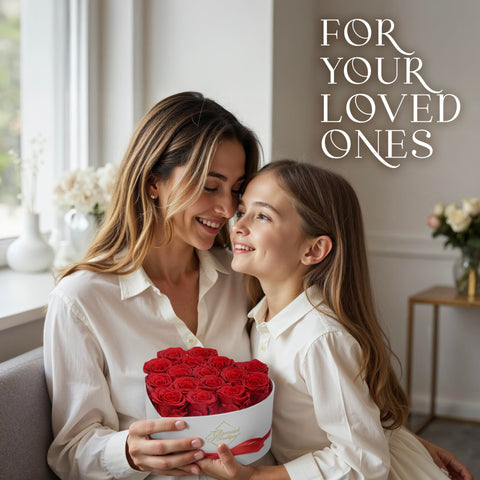 GLAMOUR BOUTIQUE preserved roses box red-16 vase-ready-display, instant beauty without upkeep.