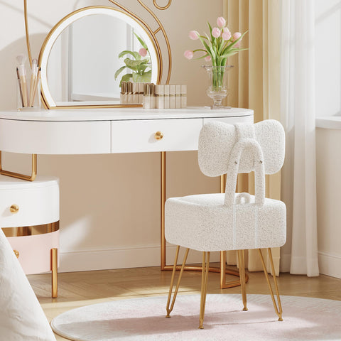 GLANZALANT vanity stool in teddy fleece, offering cloud-like comfort while applying makeup.