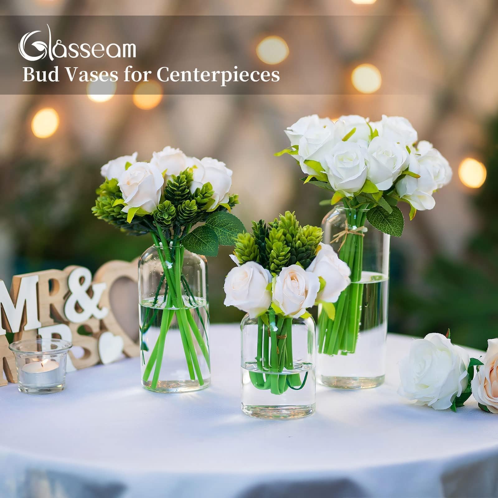 Dining table centerpiece using Glasseam vases for a chic look