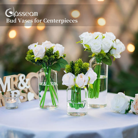Dining table centerpiece using Glasseam vases for a chic look