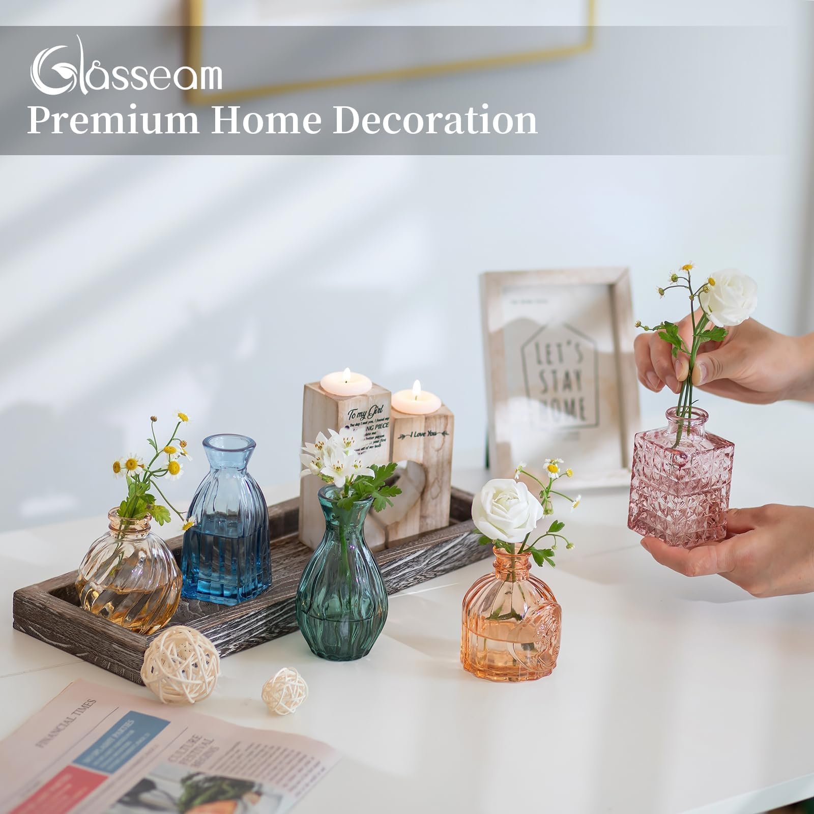 Glasseam lavender embossed glass vase pairs with pastel arrangements