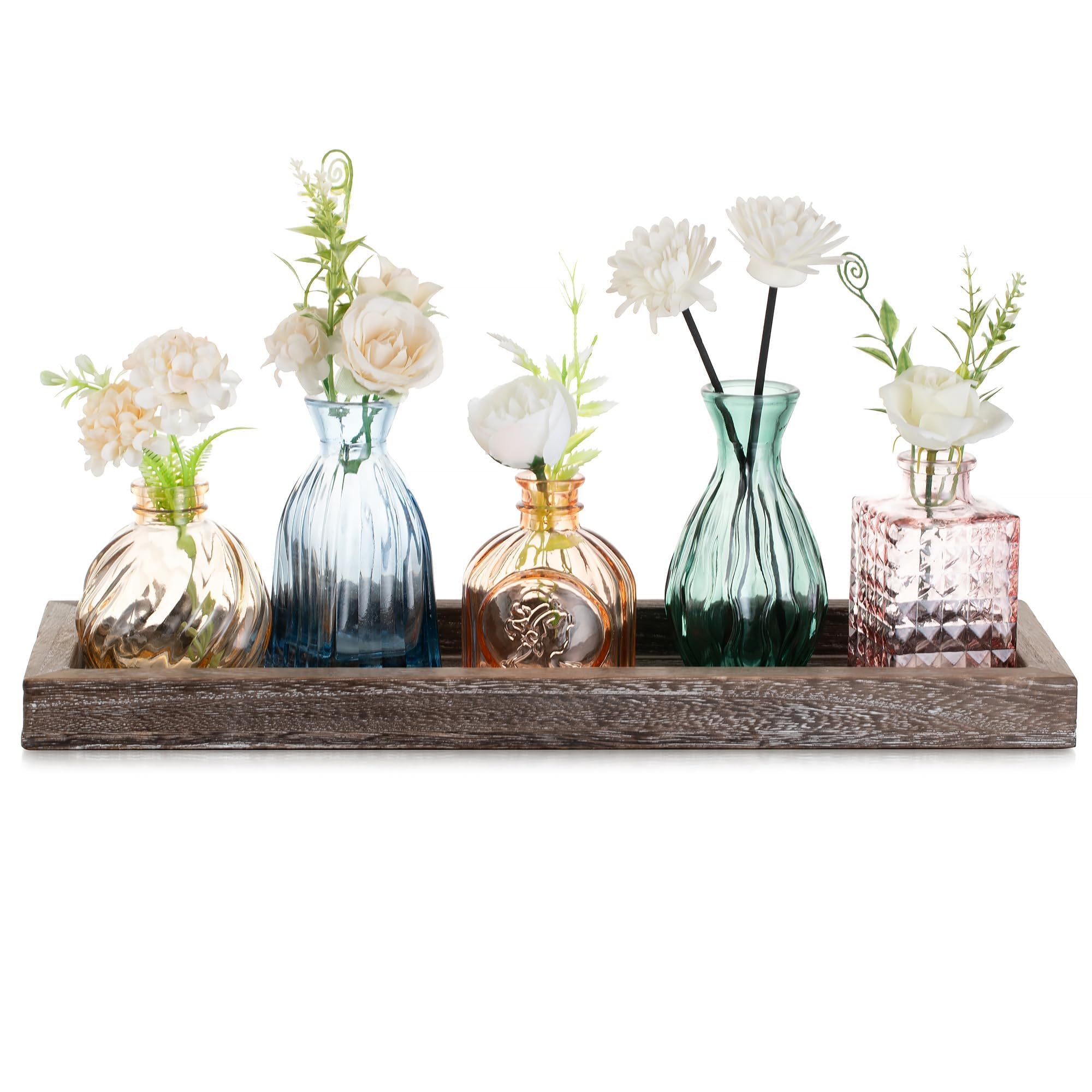 Glasseam bud vases on wood tray for living room decor and delicate stems