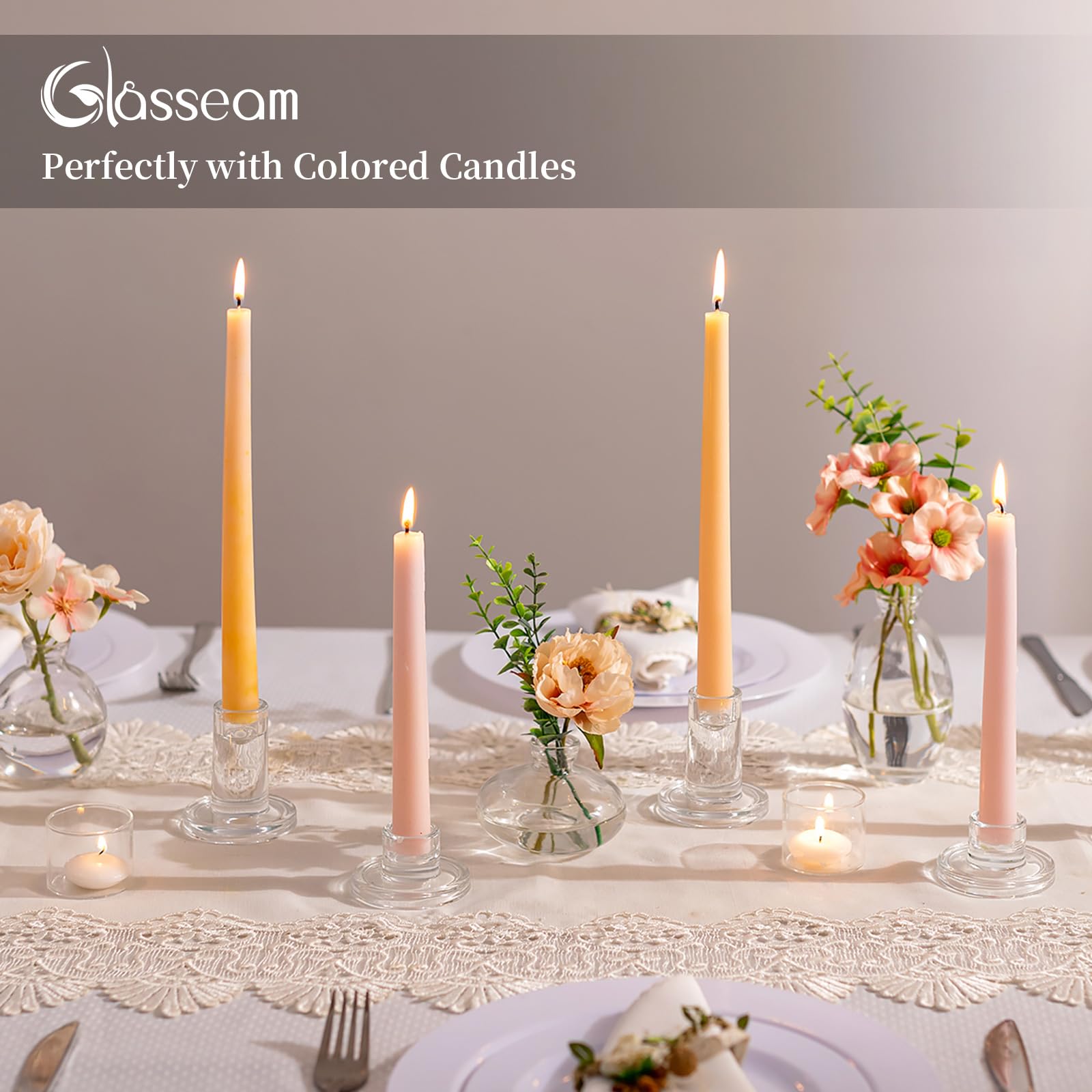 Glasseam glass candlesticks at three heights create dynamic centerpieces.