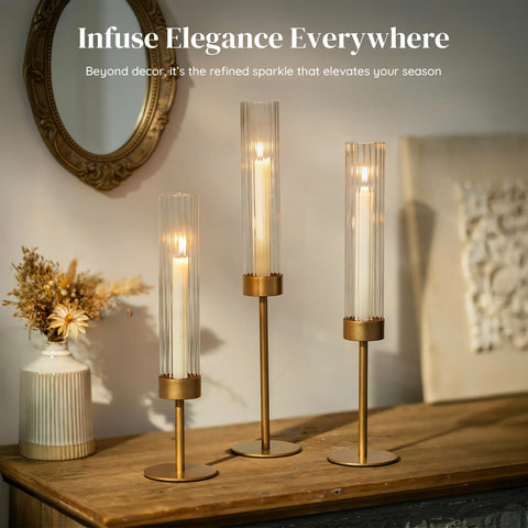 Glasseam gold hurricane taper holder ribbed glass enhances candlelight glow