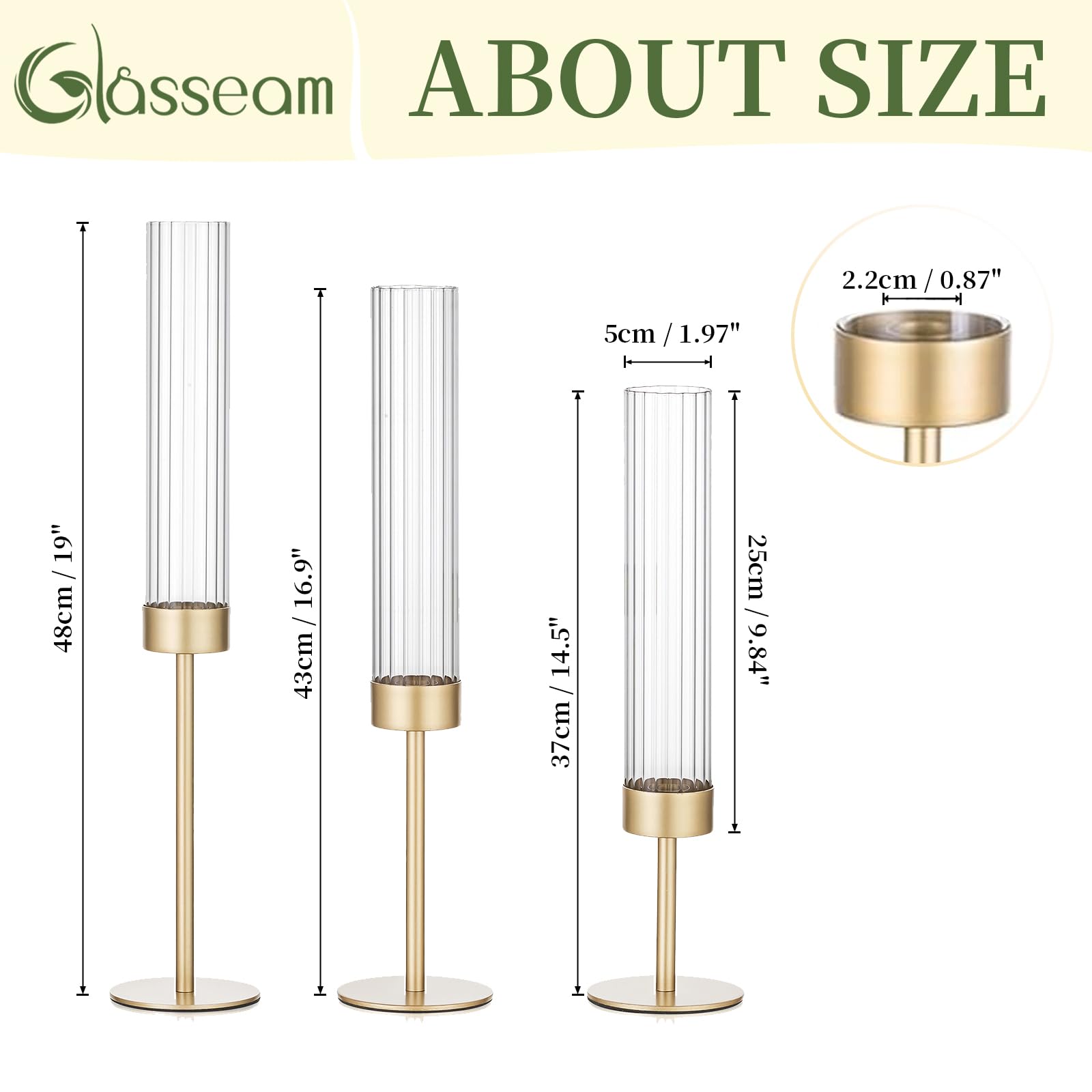 Glasseam gold hurricane taper holder 3-piece set on display