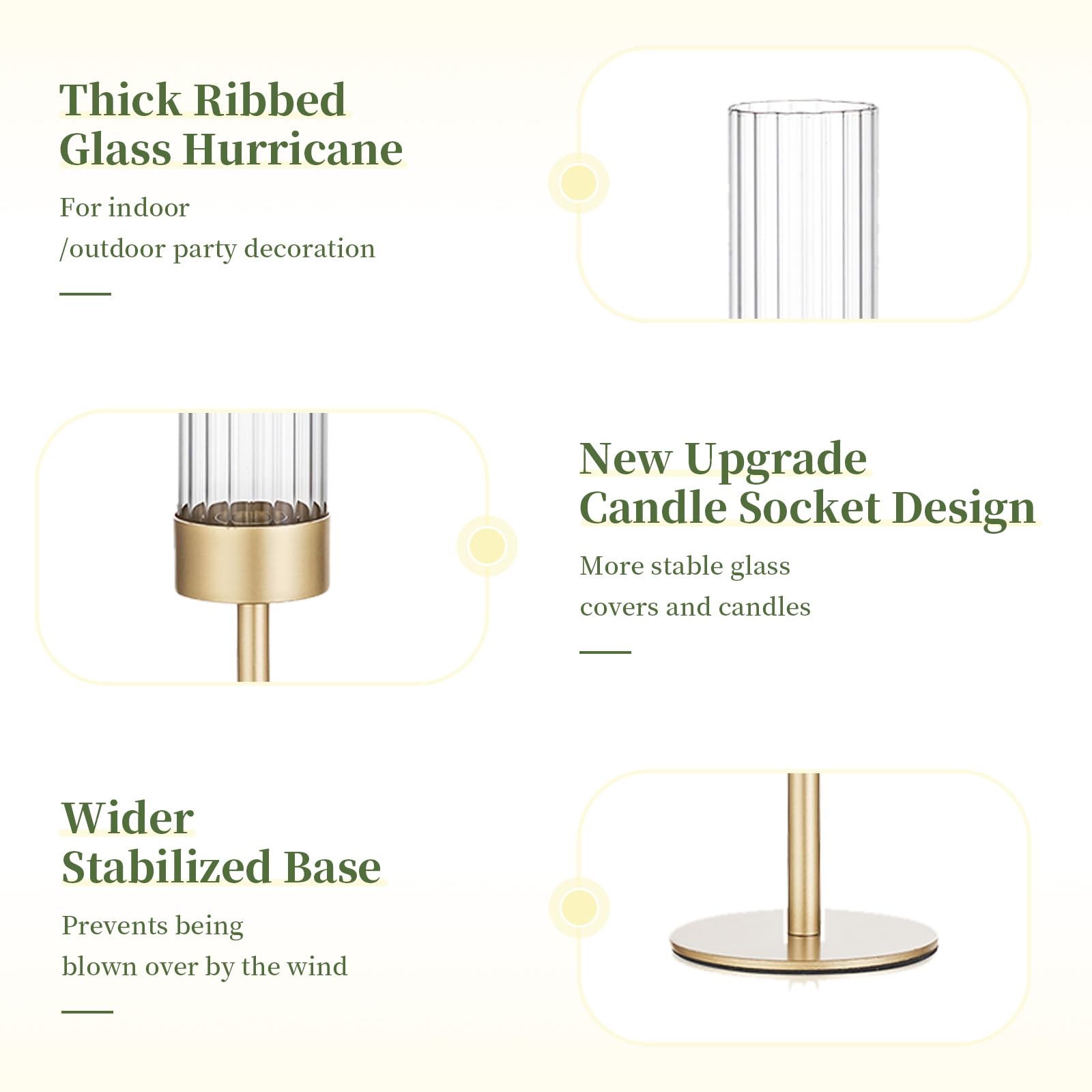 Glasseam gold hurricane taper holder on dining table creates romantic ambiance
