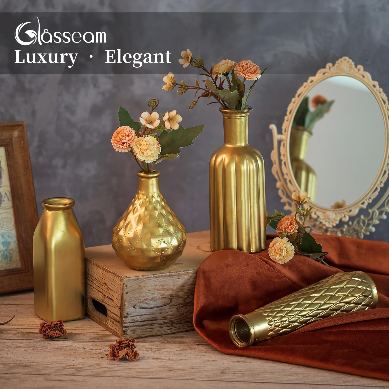 Glasseam Gold Vase for Flowers etching pattern adds vintage charm to tables.