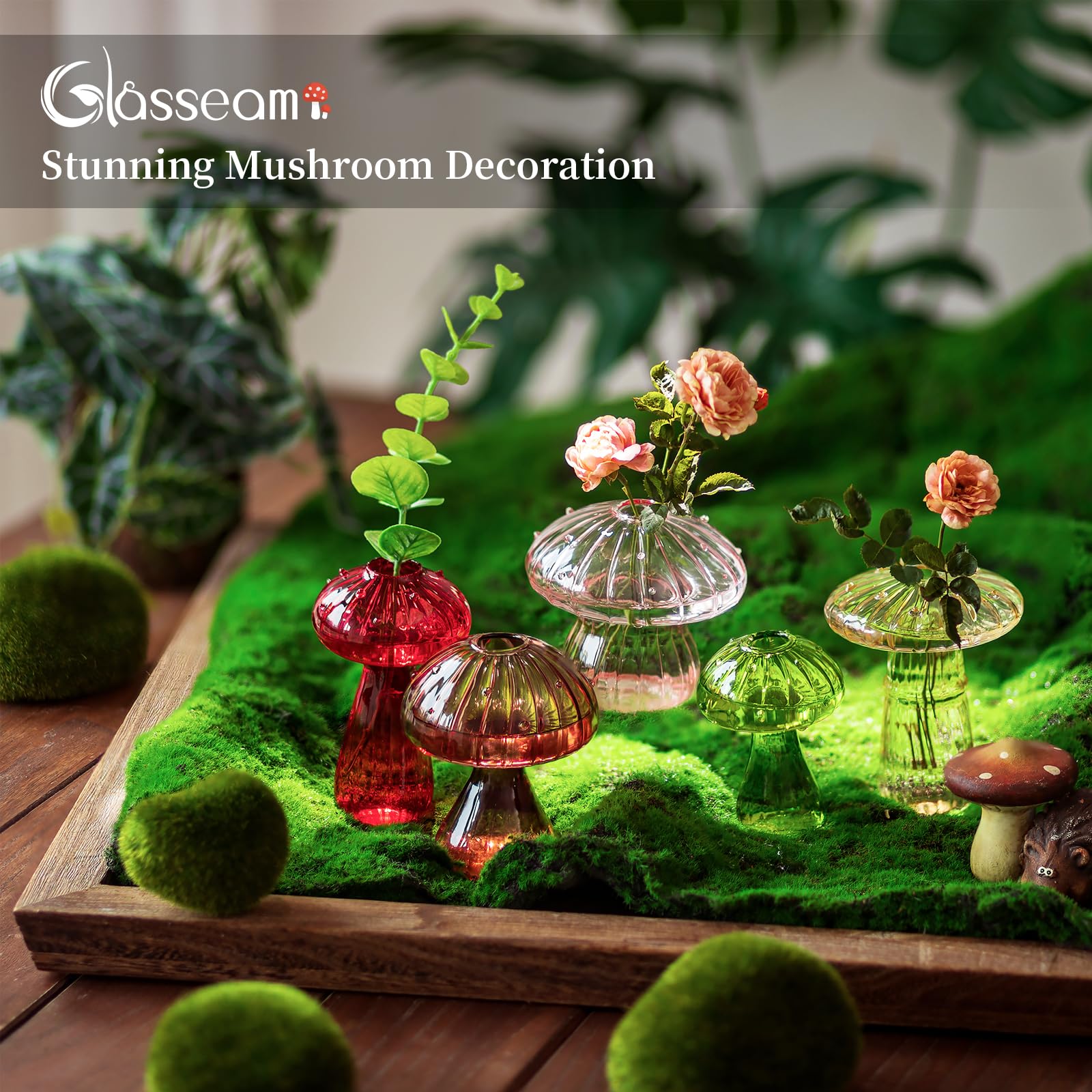 Glasseam vase collection on shelf adds whimsy and style