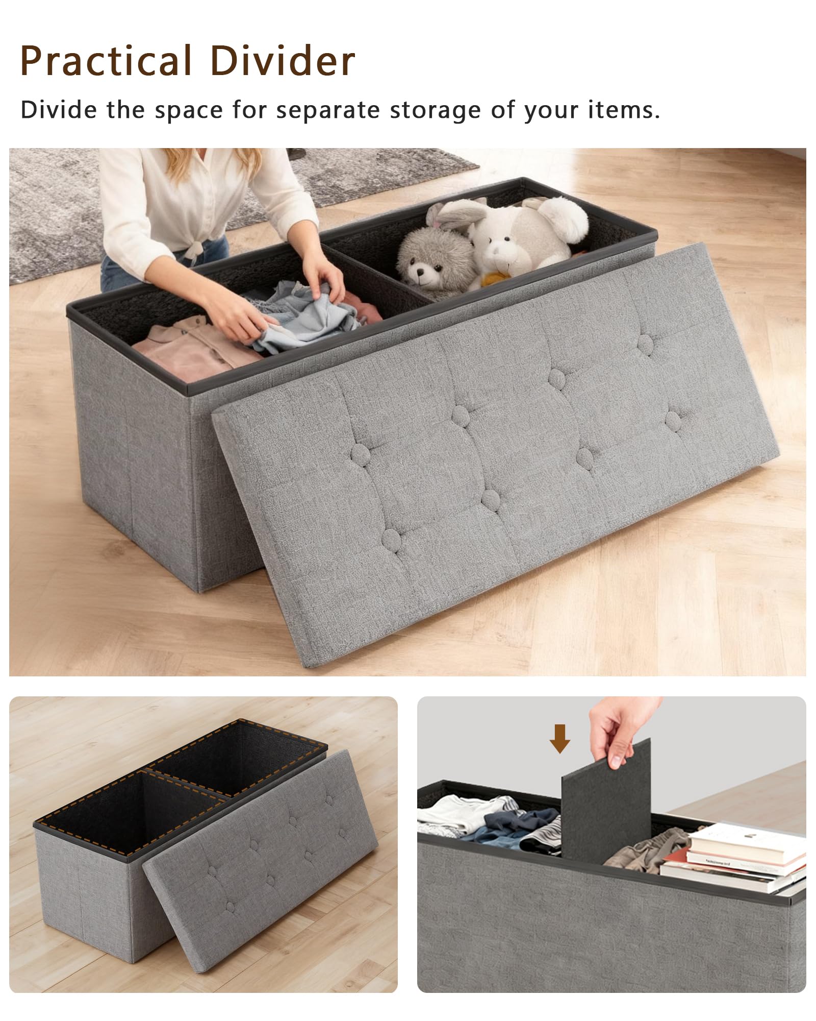 GLAXYFUR storage chest with removable divider for organized blankets and clothes.