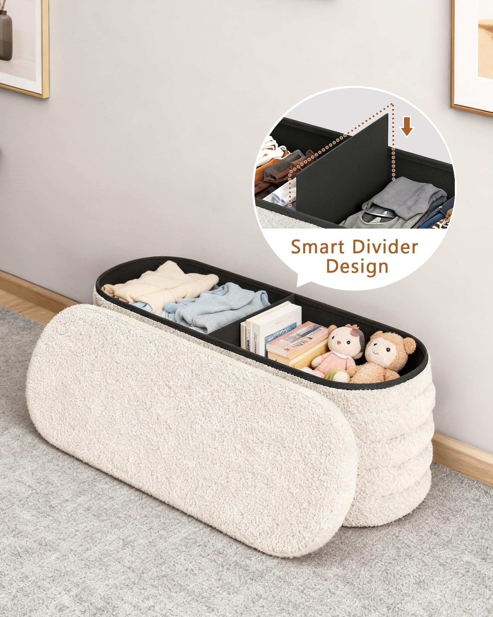 GLAXYFUR storage ottoman bench featuring an oval design and rounded edges for safe family use.