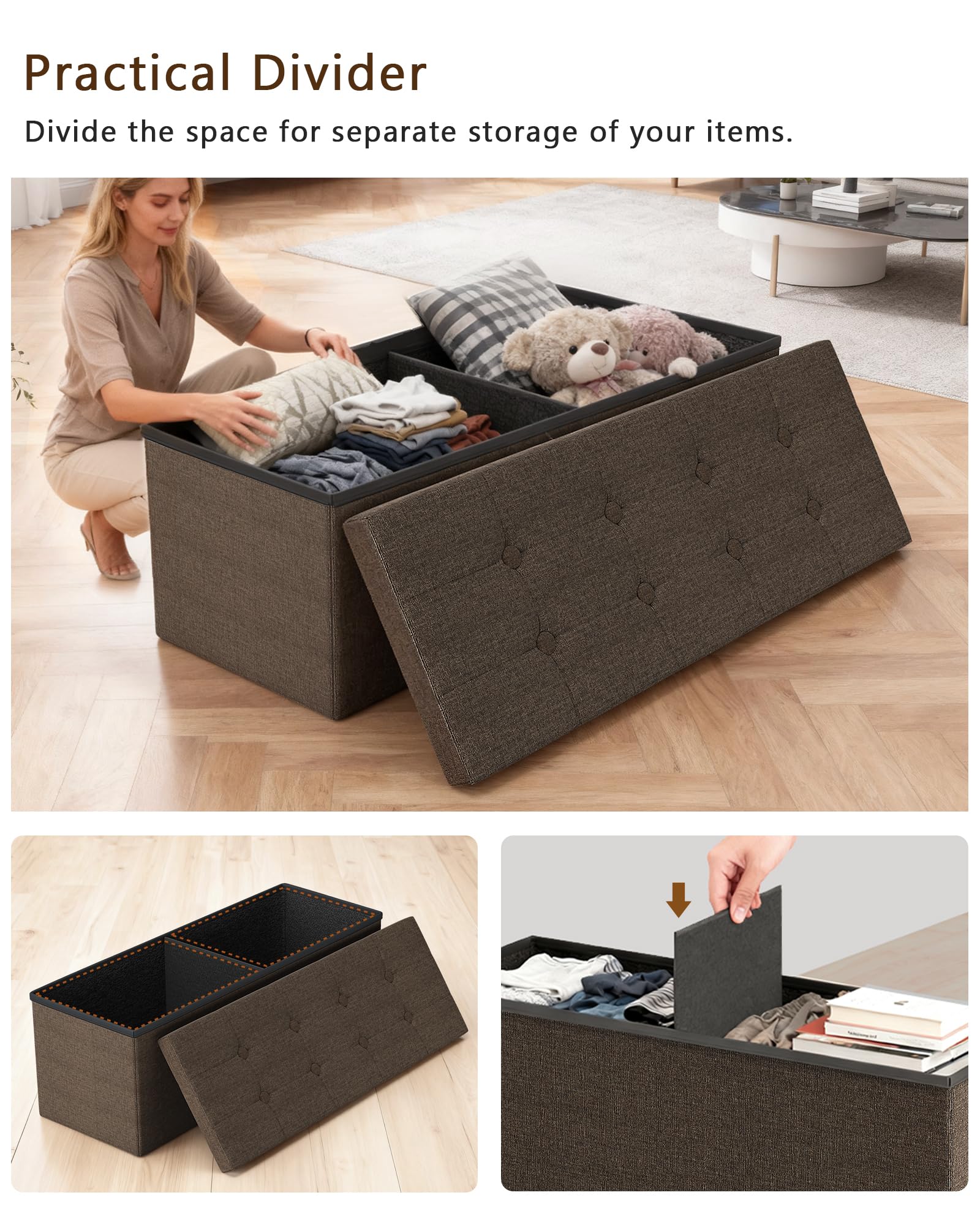 GLAXYFUR ottoman with removable divider keeps blankets neatly organized inside.