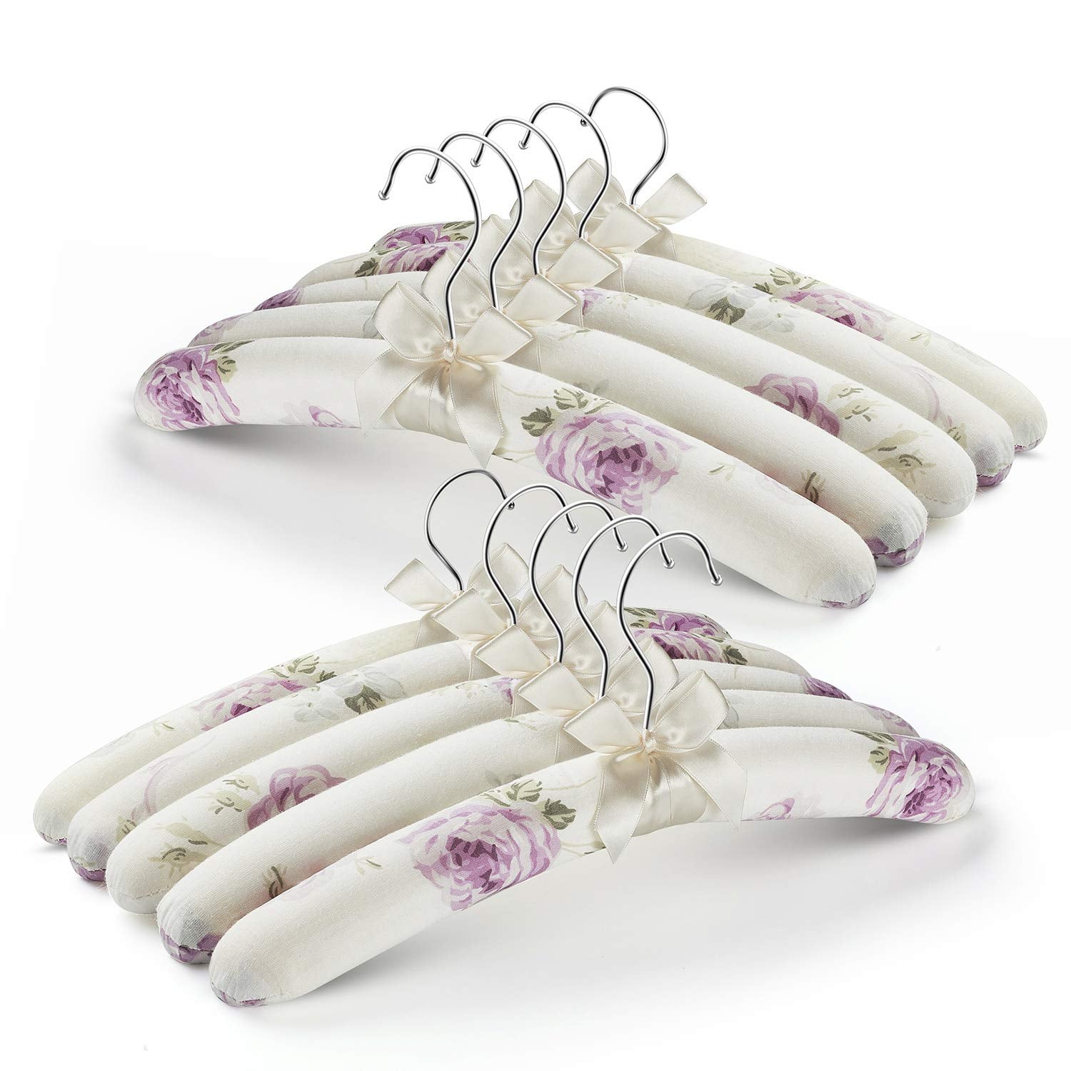 GLCON floral canvas padded hanger showing delicate garments without shoulder marks
