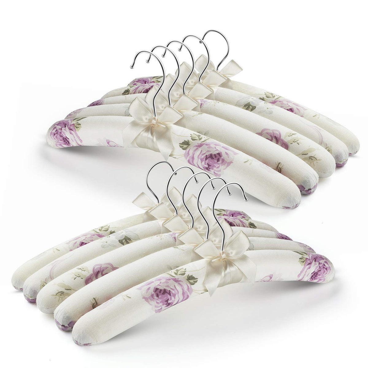 GLCON floral canvas padded hanger showing delicate garments without shoulder marks