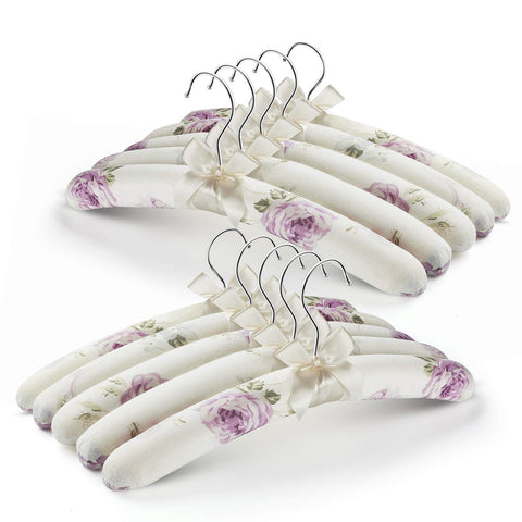 GLCON floral canvas padded hanger showing delicate garments without shoulder marks