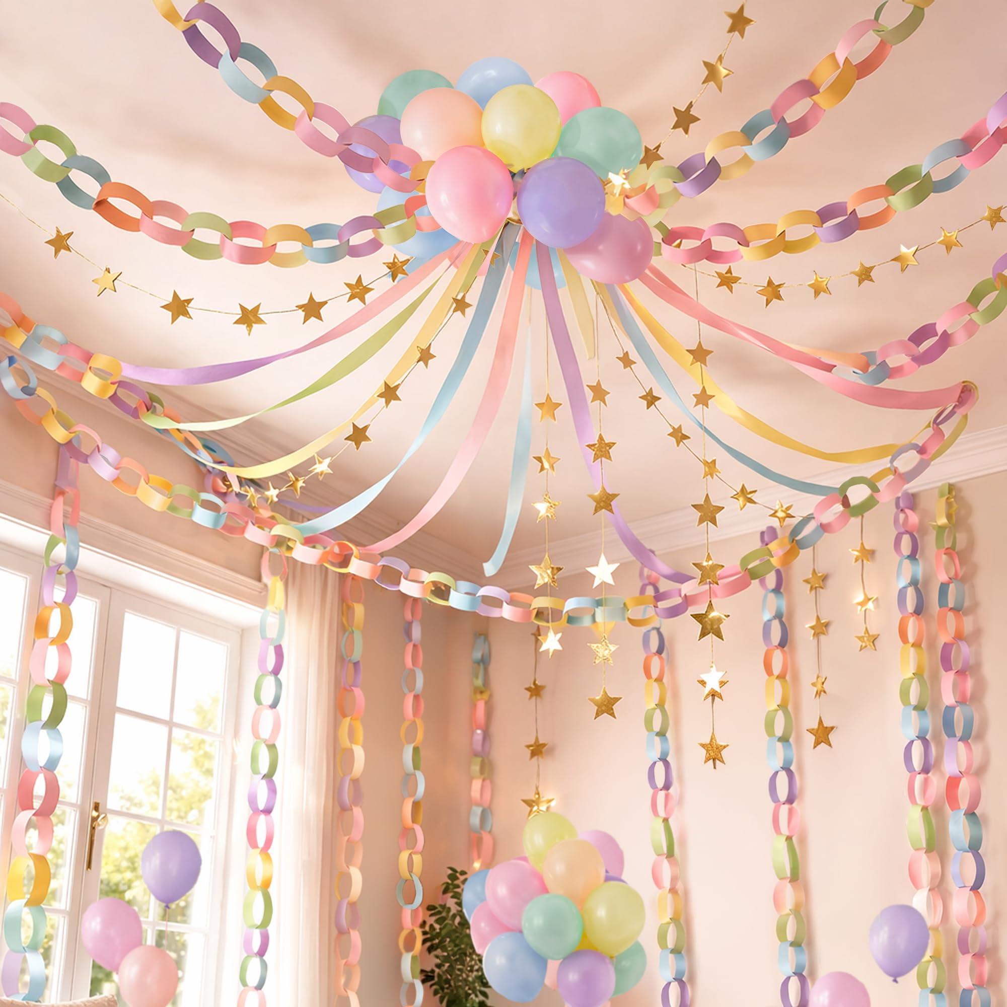 Gleebixi pastel streamers create a soft room backdrop for photos.