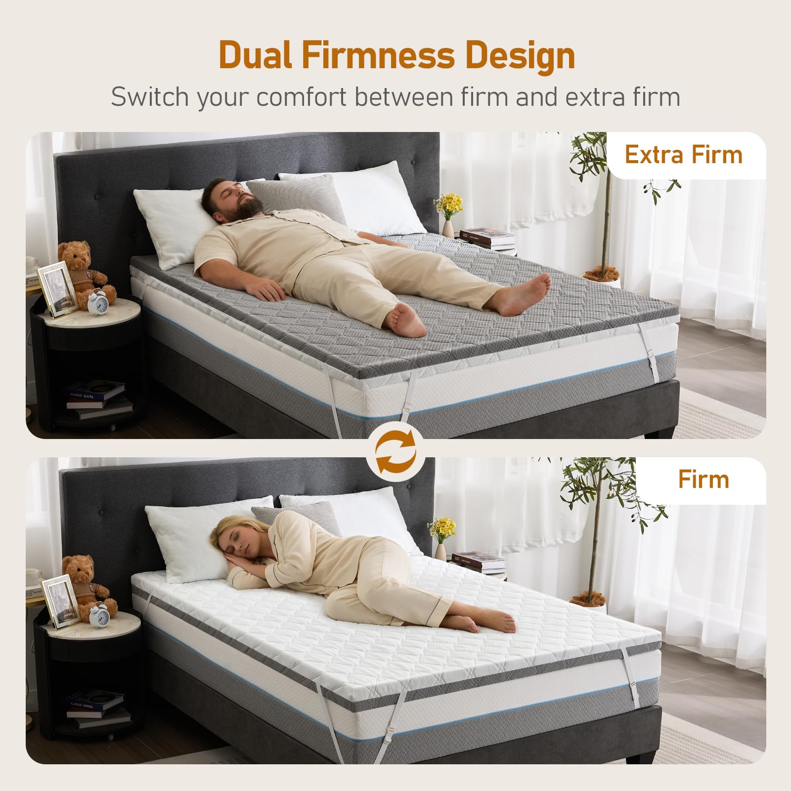 Glendan dual firmness King Topper side view highlights easy switch between firmness levels
