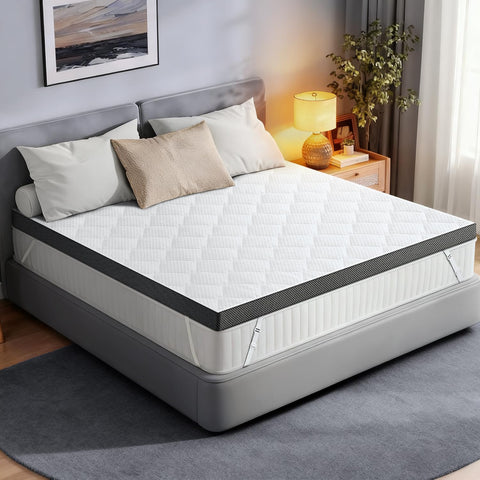 Glendan extra-firm topper on a queen bed provides solid support and improved alignment.