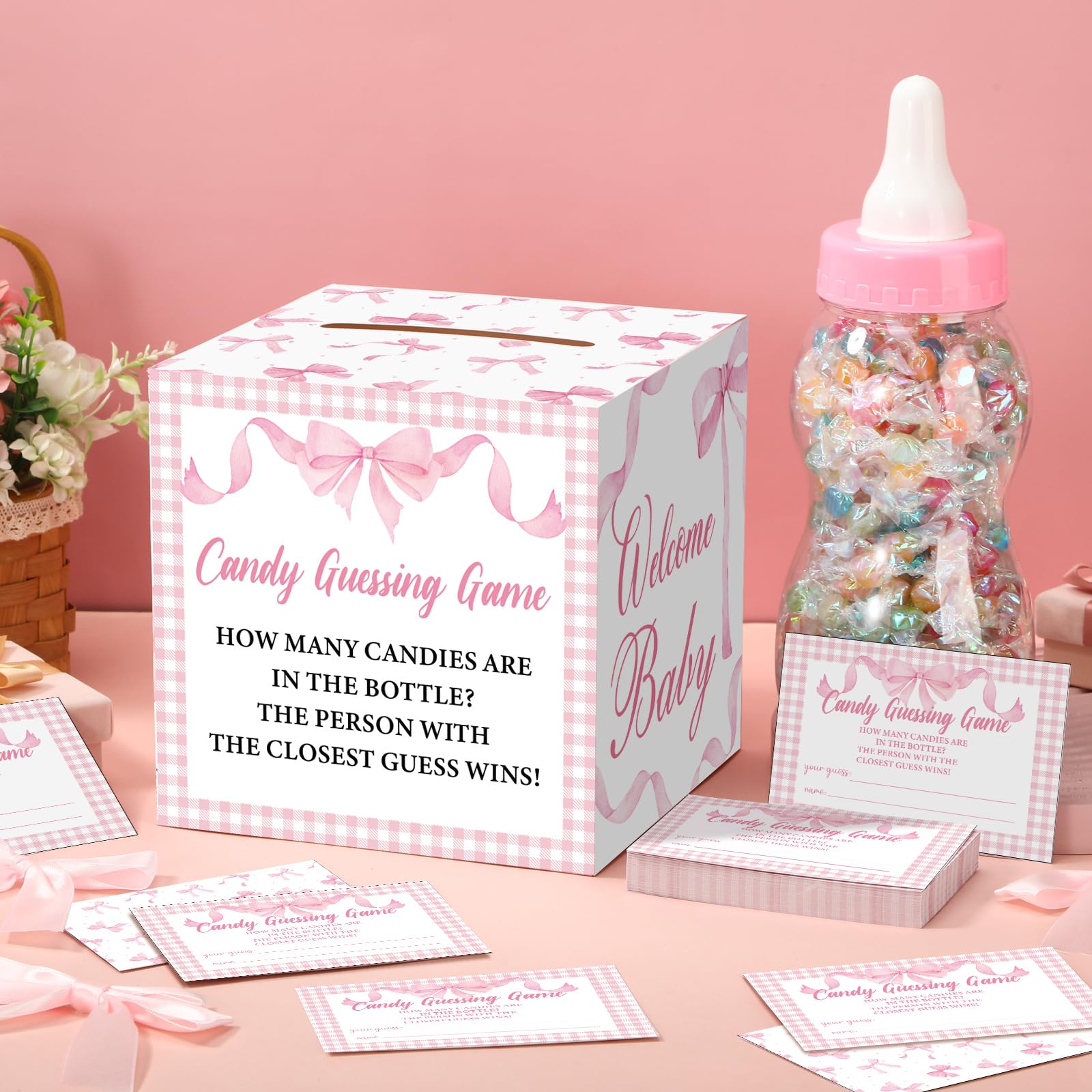 Glenmal pink bow baby bottle for shower game use and candy counting