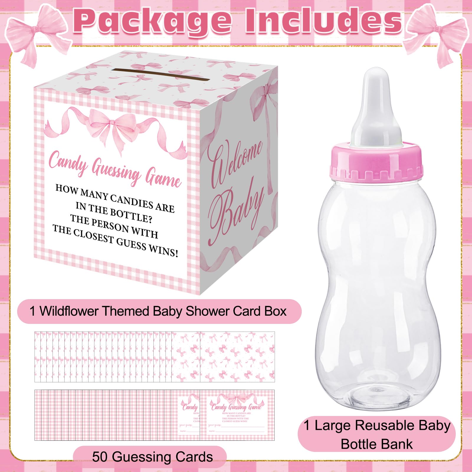 Glenmal pink bow shower cards set of 50 for group guessing