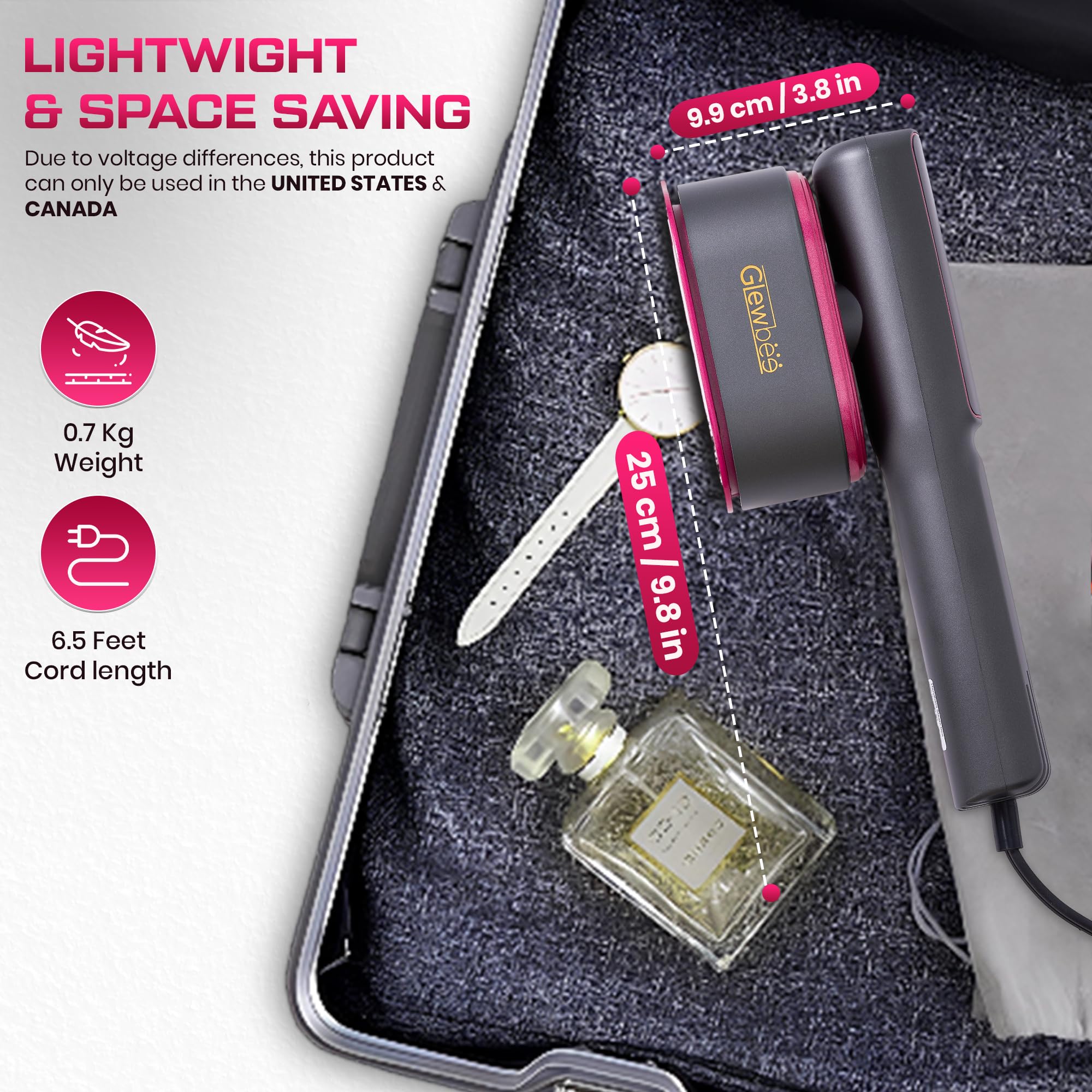 Glewbee dual ironing modes offer steam and dry options for fabric versatility.