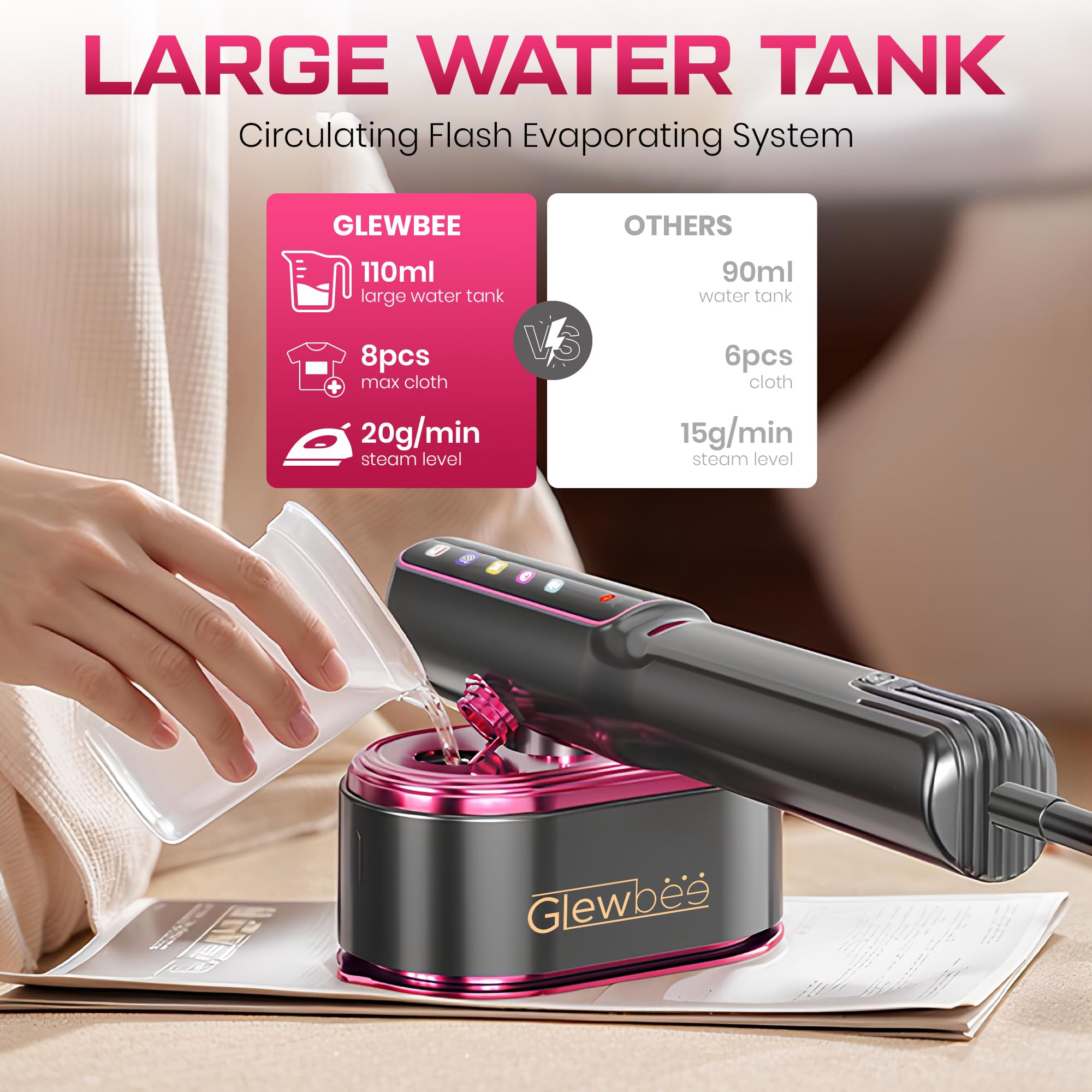 Glewbee large ceramic panel glides smoothly for even wrinkle removal.