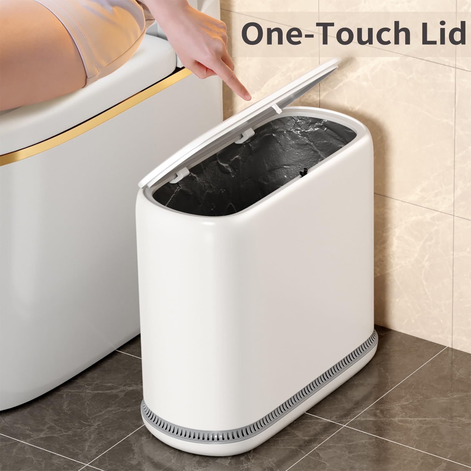 Gleynest slim 6-inch-wide bin fits between toilet and wall.