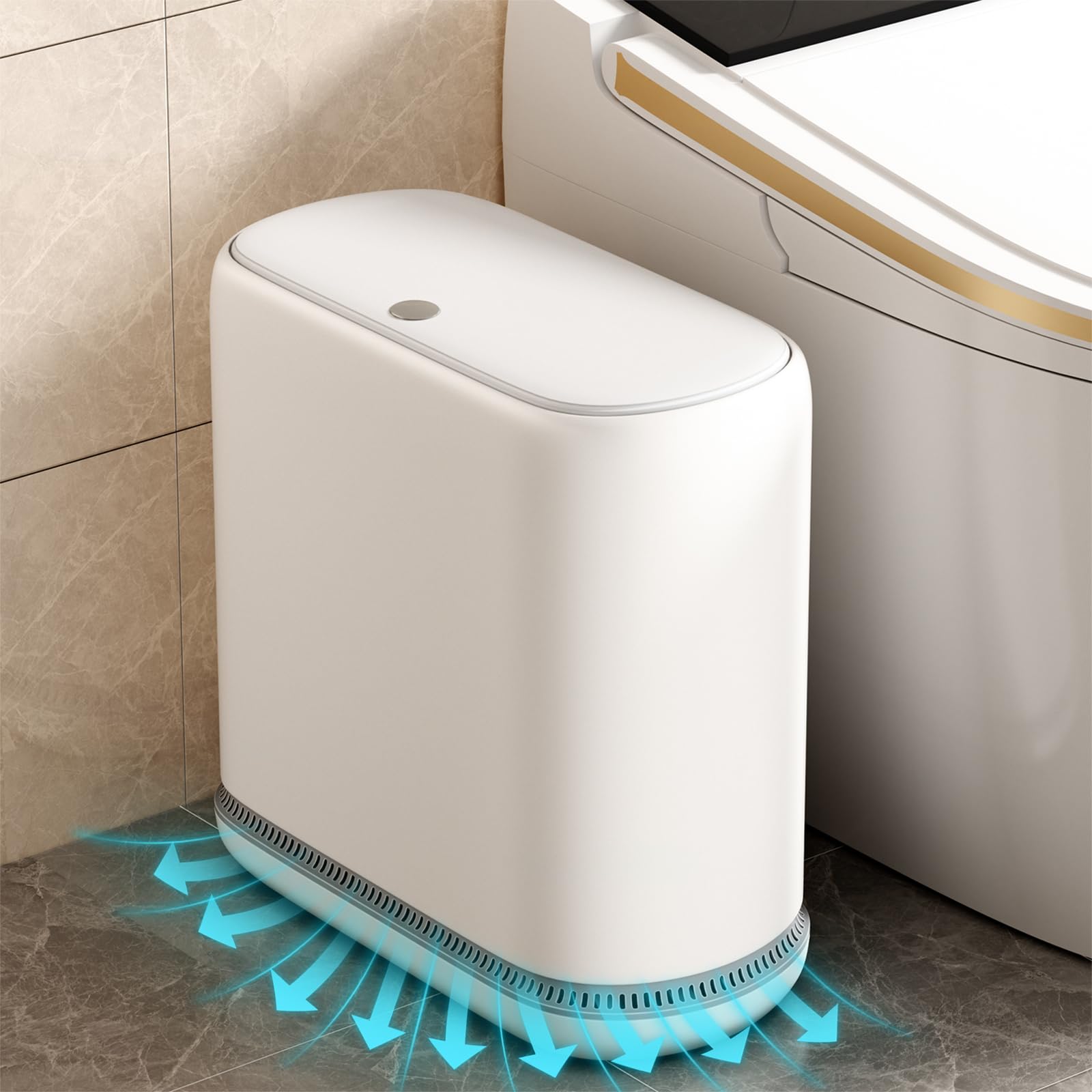 Gleynest small trash can with pop-up lid fits tight bathrooms and bedrooms.