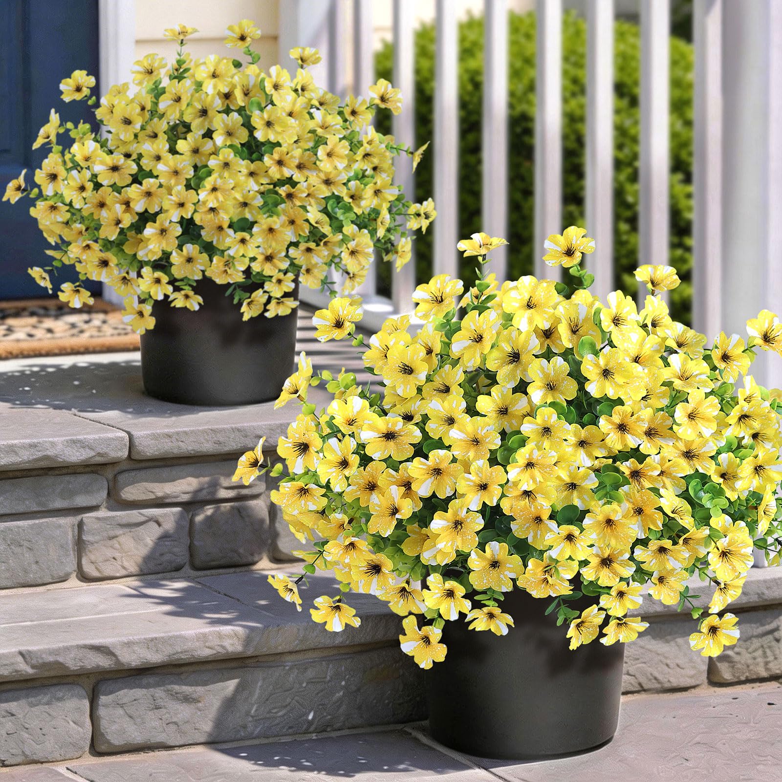 Glidlion artificial morning glory topiary with eucalyptus on doorstep, UV-resistant outdoor decor.