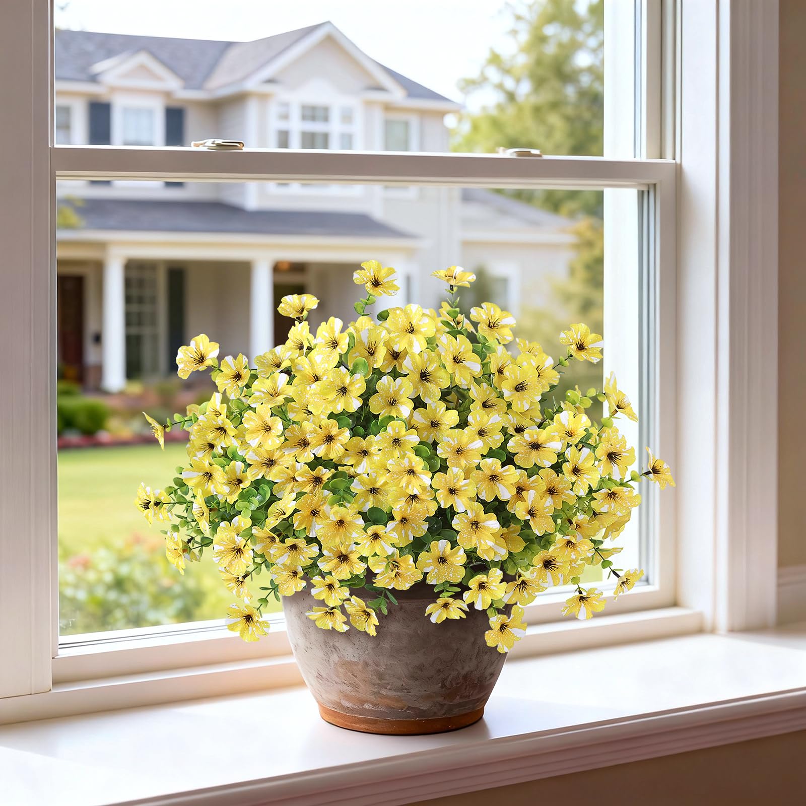 Glidlion yellow morning glory topiary with white dot accents for farmhouse garden charm.