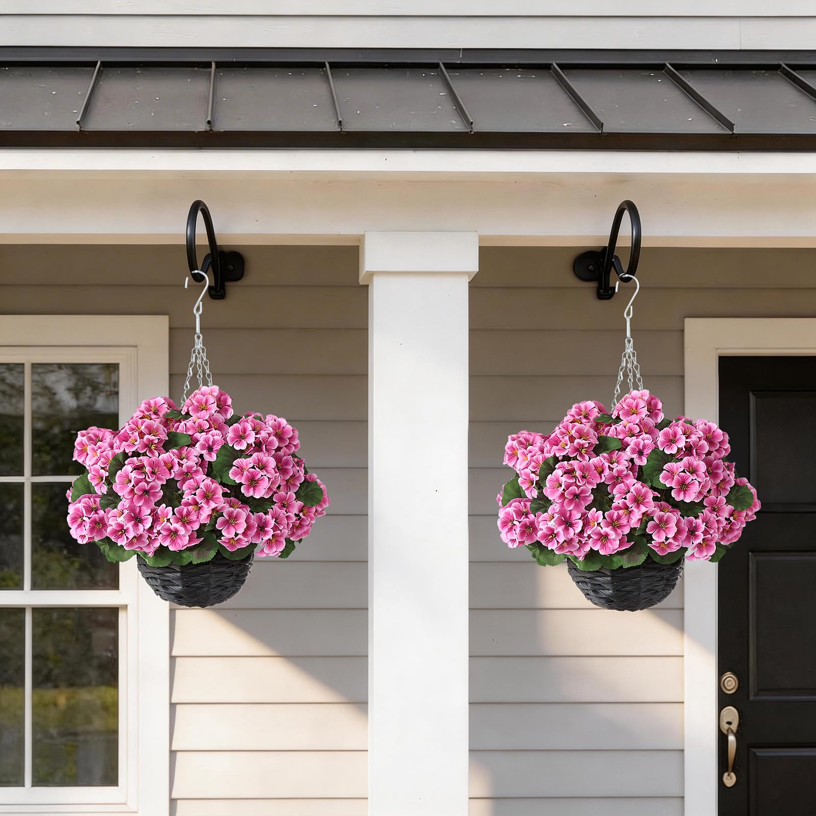 GLIDLION front porch garden setup featuring two pink geranium baskets.