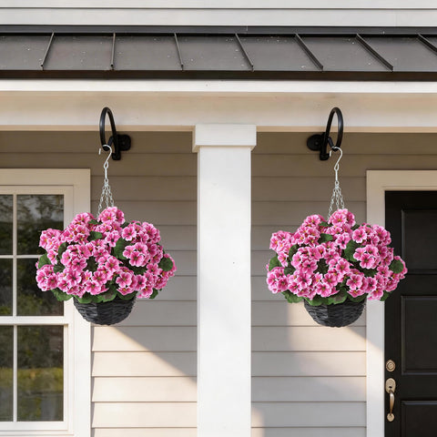 GLIDLION front porch garden setup featuring two pink geranium baskets.