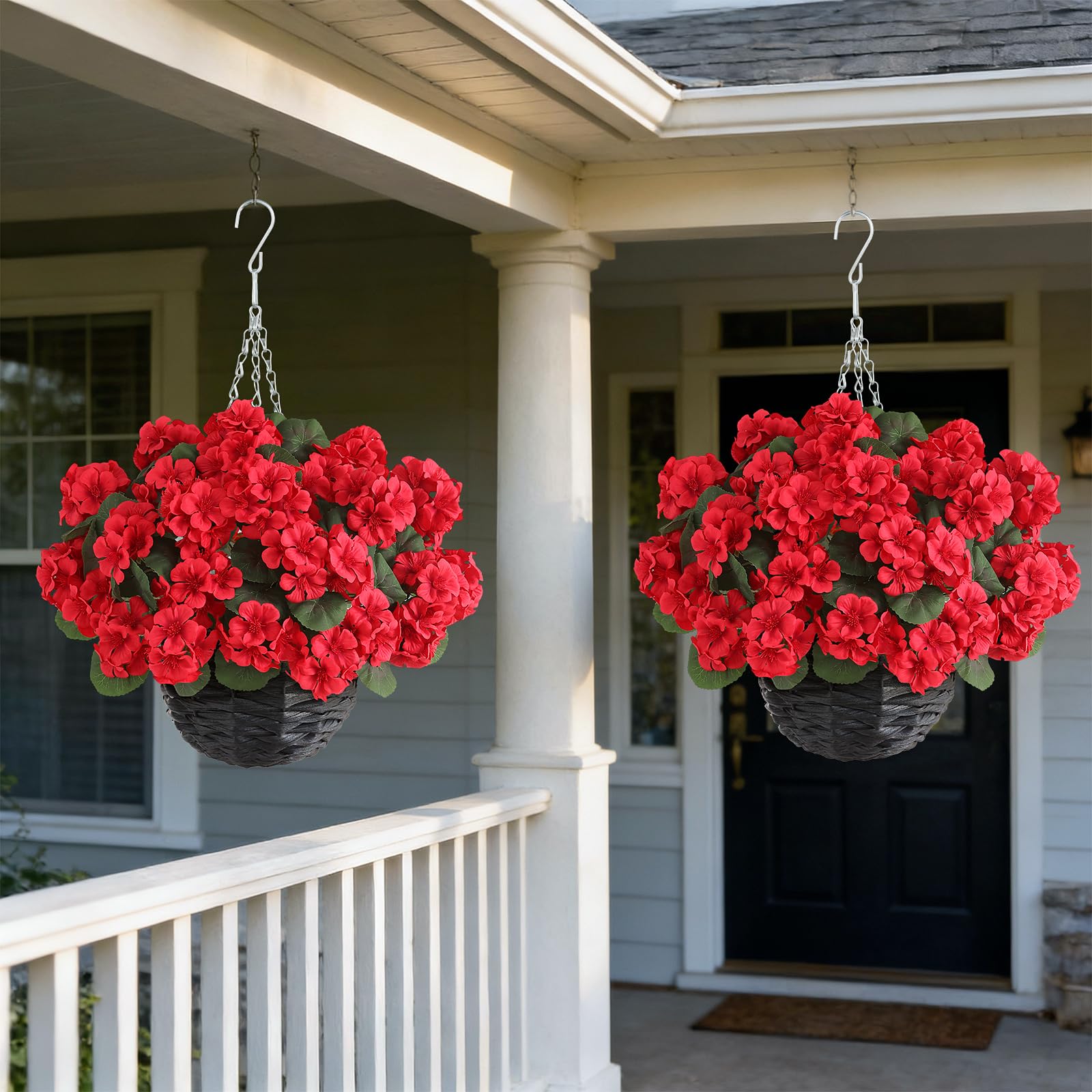 GLIDLION geranium hanging basket red side view—full-bodied outdoor flower display.