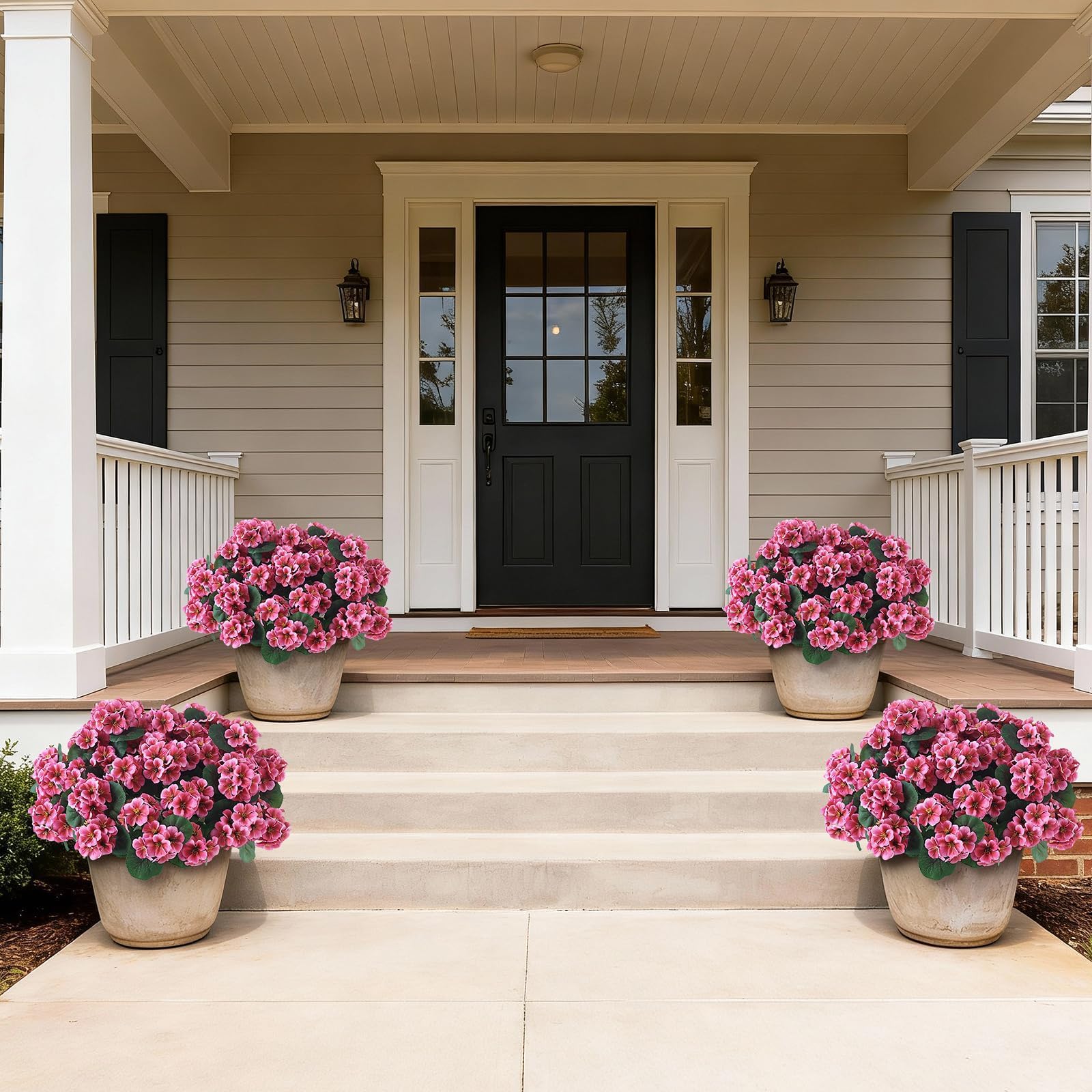GLIDLION geranium topiary front door scene enhancing curb appeal.