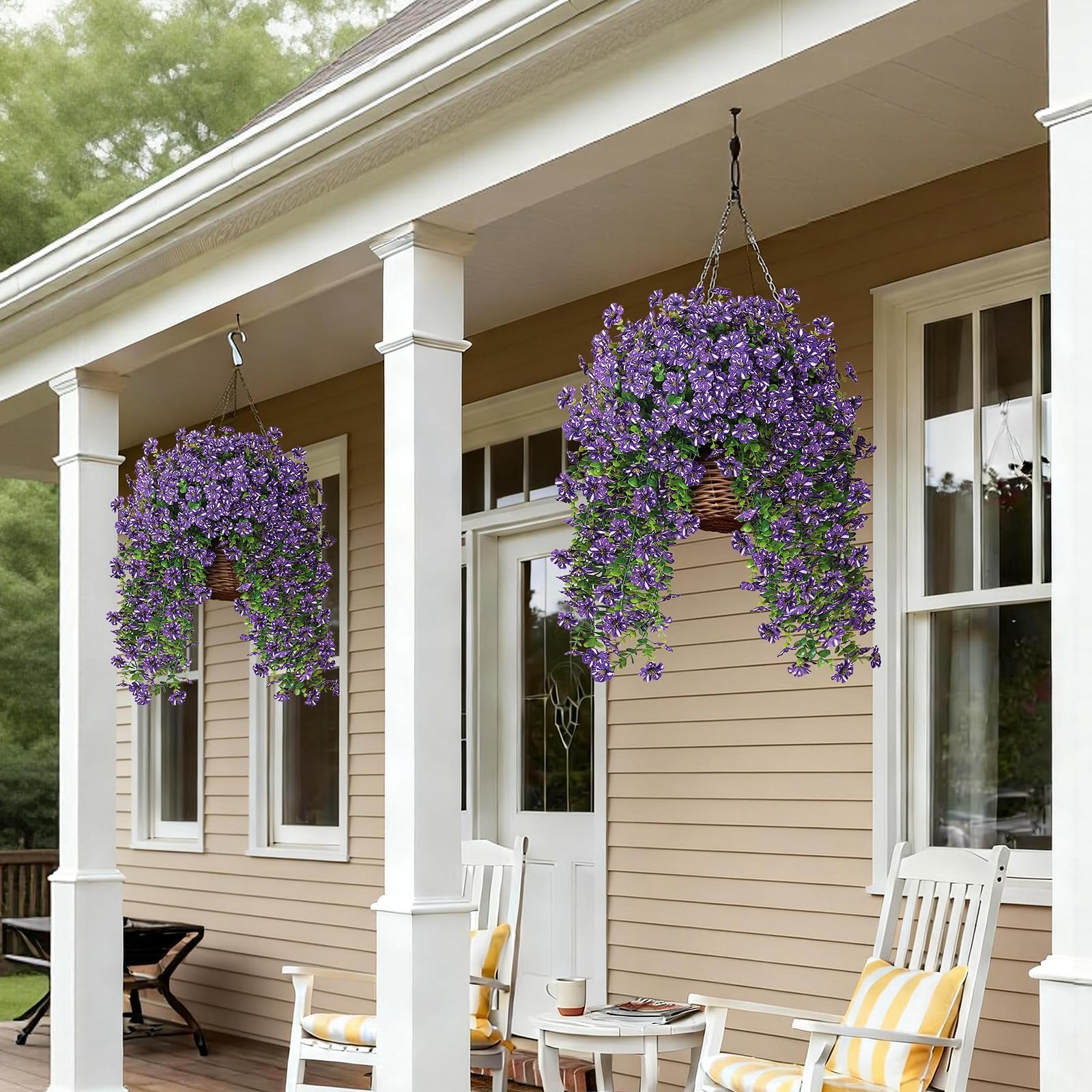 GLIDLION hanging-basket display featuring morning glory and eucalyptus for balconies and porches.