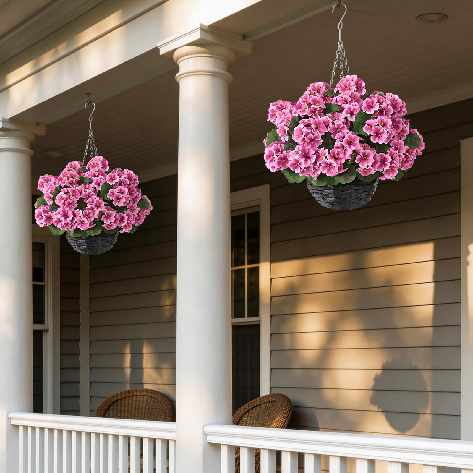 GLIDLION hanging baskets displayed on a front porch for curb appeal.