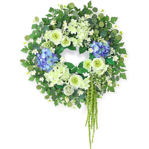 GLIDLION hydrangea and eucalyptus wreath for the front door boosts curb appeal.