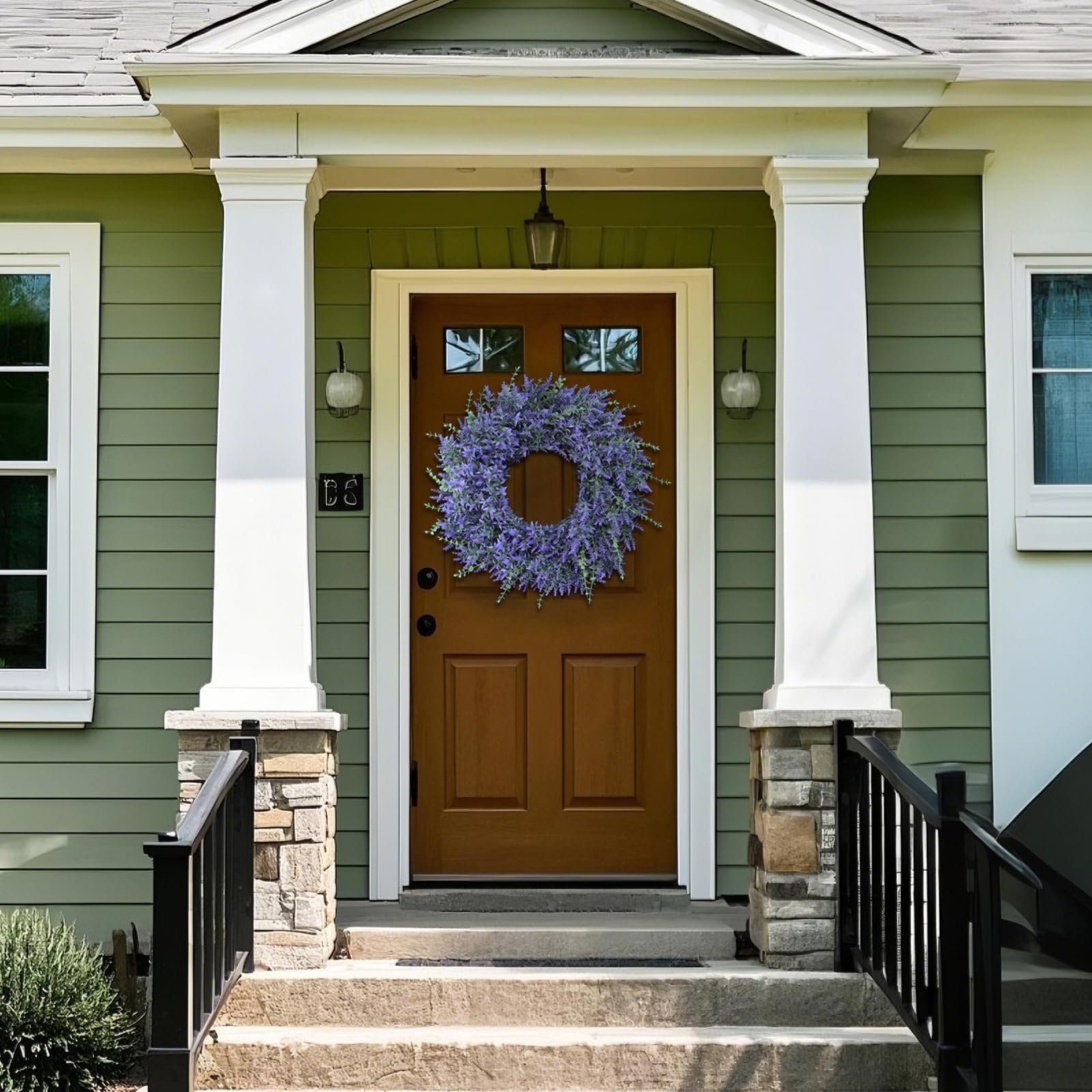 GLIDLION lavender-eucalyptus wreath on outdoor porch with weather resistant greenery
