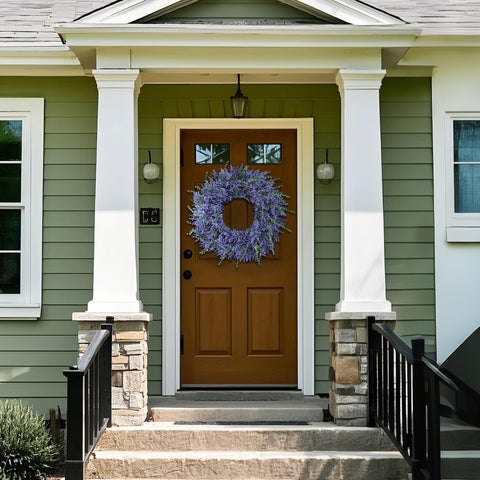 GLIDLION lavender-eucalyptus wreath on outdoor porch with weather resistant greenery