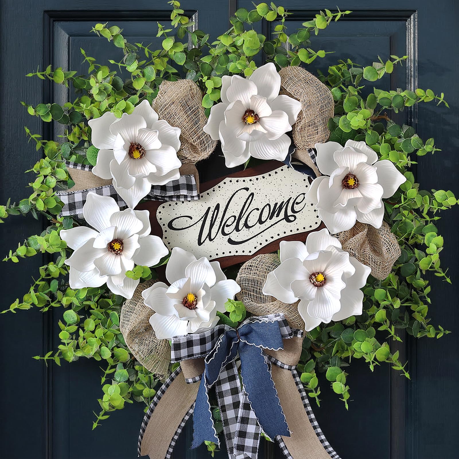 GLIDLION magnolia and eucalyptus wreath on front door for year-round curb appeal.
