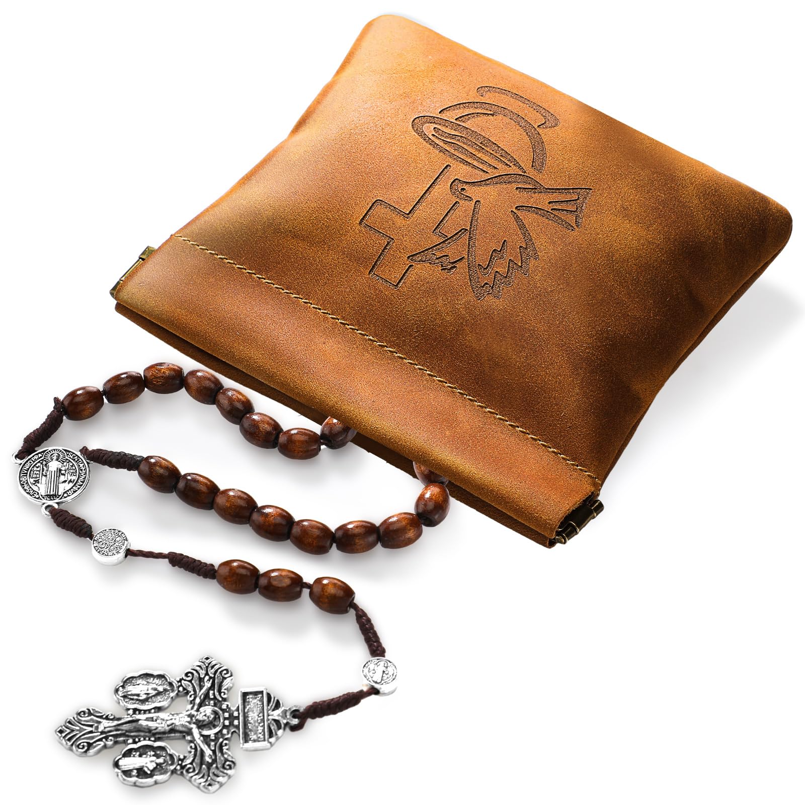 GlikCeil leather rosary pouch front view showing protective travel storage