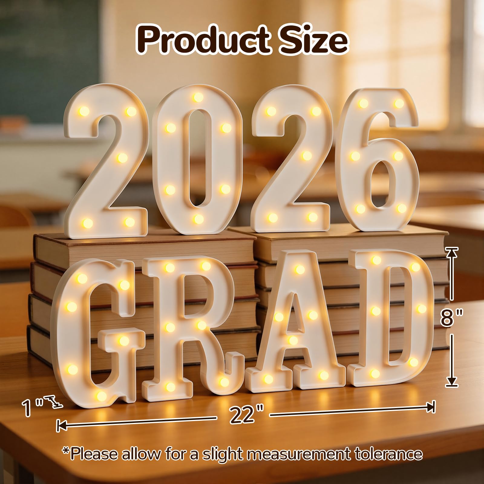 Glimmrly Grad LED numbers shine softly for class of 2026 branding.