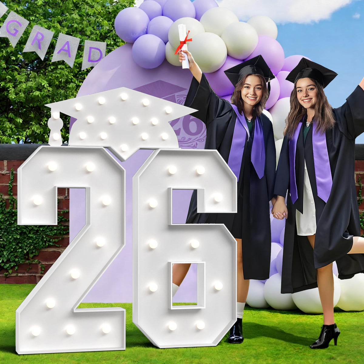 Glimmrly graduation numbers 26, 4ft tall, bright focal point for ceremonies.