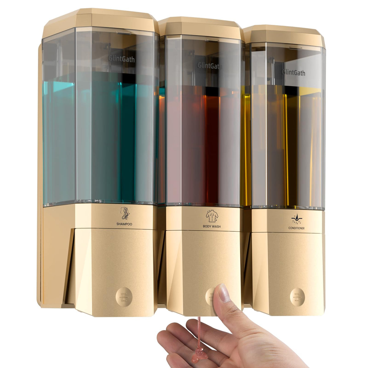 GlintGath shampoo and conditioner dispenser front view showing three-chamber convenience for family bathrooms.