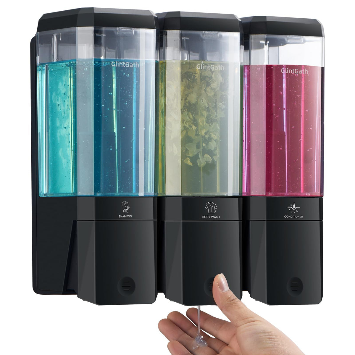 GlintGath 3-chamber shower dispenser shown in a modern bathroom for organized liquids