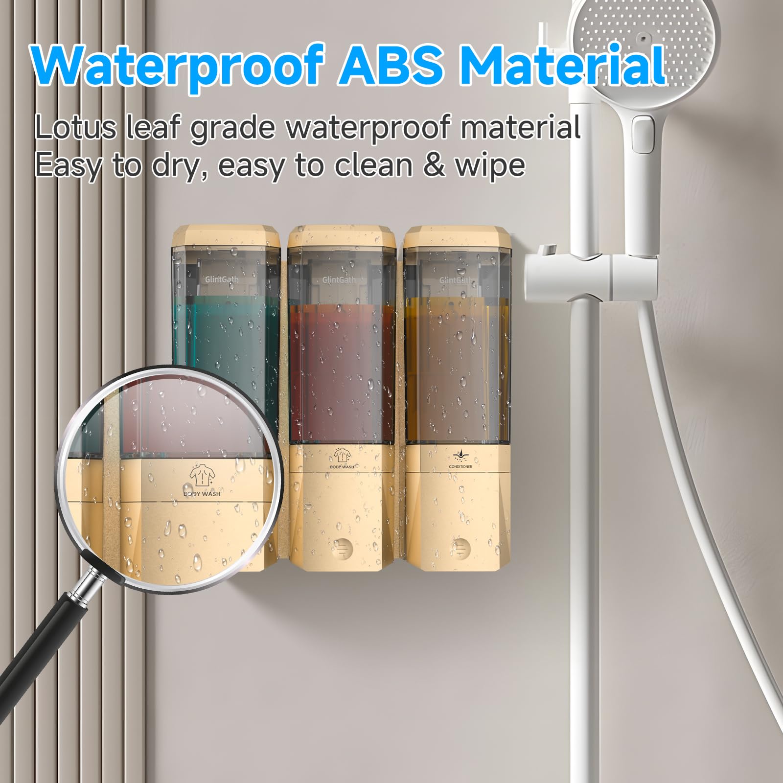 GlintGath gold-finish dispenser adds a premium look to the bathroom.
