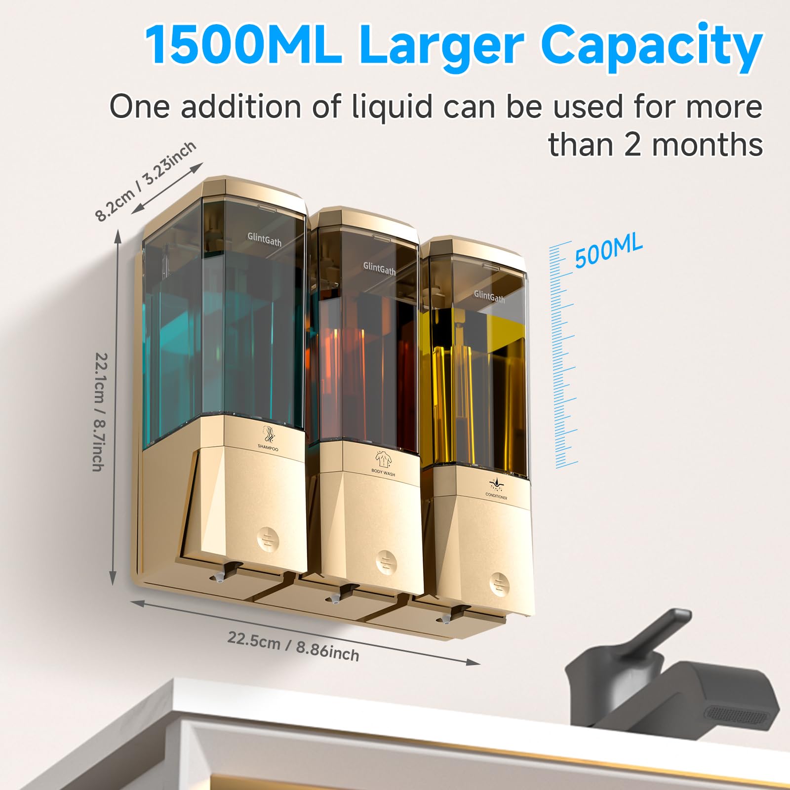 GlintGath three-chamber window reveals liquid levels for easy refills.
