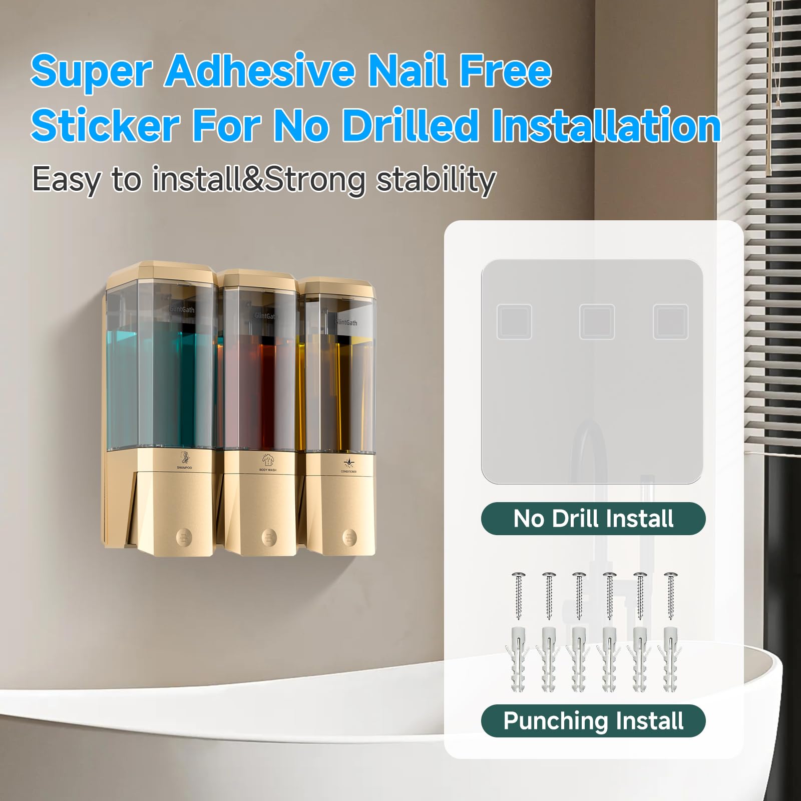 GlintGath wall-mount installation demonstrates no-drill setup for tidy showers.