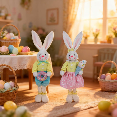 Glintoper Easter bunny couple in pastel outfits, close-up detail.