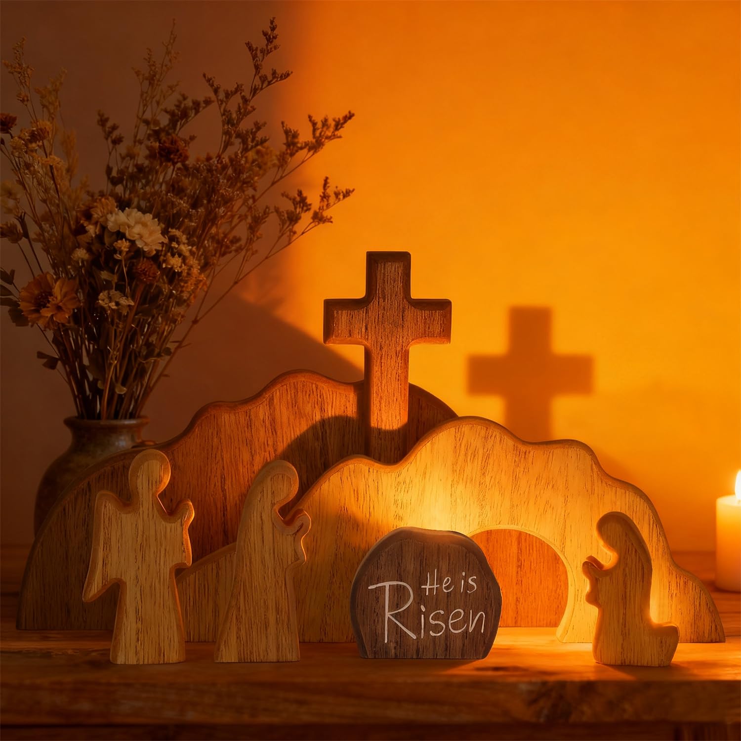 Glintoper tomb and cross assembly artwork adds a focal point on mantels.